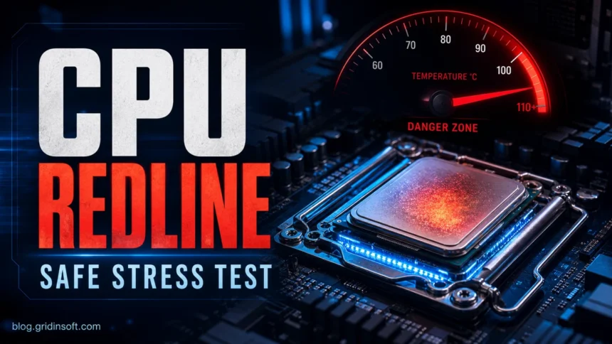 CPU stress test redline temperature gauge over a glowing processor.