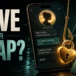 Online dating romance scam poster showing a love chat turning into a trap.