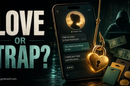 Online dating romance scam poster showing a love chat turning into a trap.