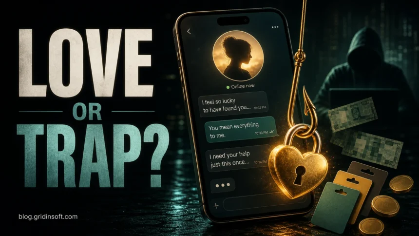 Online dating romance scam poster showing a love chat turning into a trap.