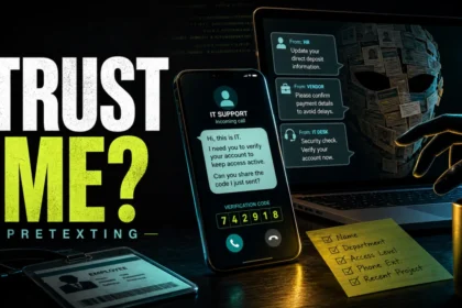 Trust Me? Pretexting scam poster with a fake IT support call and verification code request.