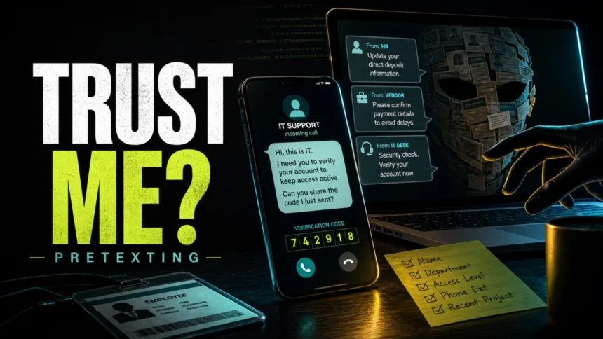 What Is Pretexting? Examples, Signs & What to Do 1 Trust Me? Pretexting scam poster with a fake IT support call and verification code request.
