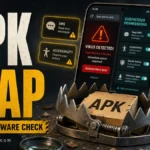 Android phone showing a suspicious APK trap, fake virus alert, and risky app permissions.