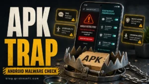 Android phone showing a suspicious APK trap, fake virus alert, and risky app permissions.
