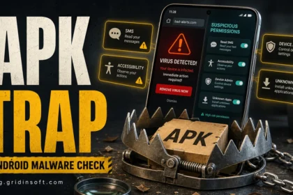 Android phone showing a suspicious APK trap, fake virus alert, and risky app permissions.