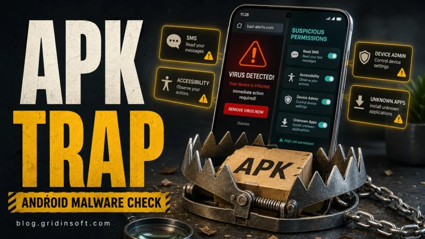 Android phone showing a suspicious APK trap, fake virus alert, and risky app permissions.