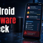 Android phone showing malware warning signs and suspicious app permissions