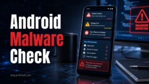 Android phone showing malware warning signs and suspicious app permissions