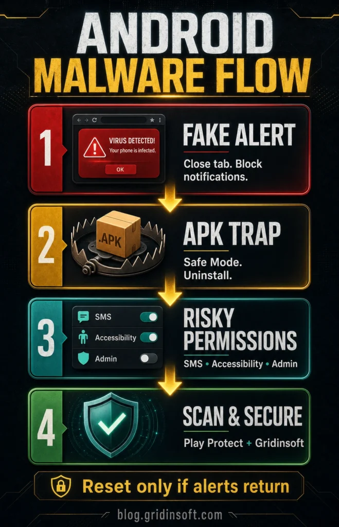 Android malware flow infographic with fake alert, APK trap, risky permissions, and scan steps.