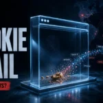 Cookie Trail poster showing browser cookies turning into tracking IDs and session data with blog.gridinsoft.com watermark.