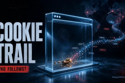 Cookie Trail poster showing browser cookies turning into tracking IDs and session data with blog.gridinsoft.com watermark.