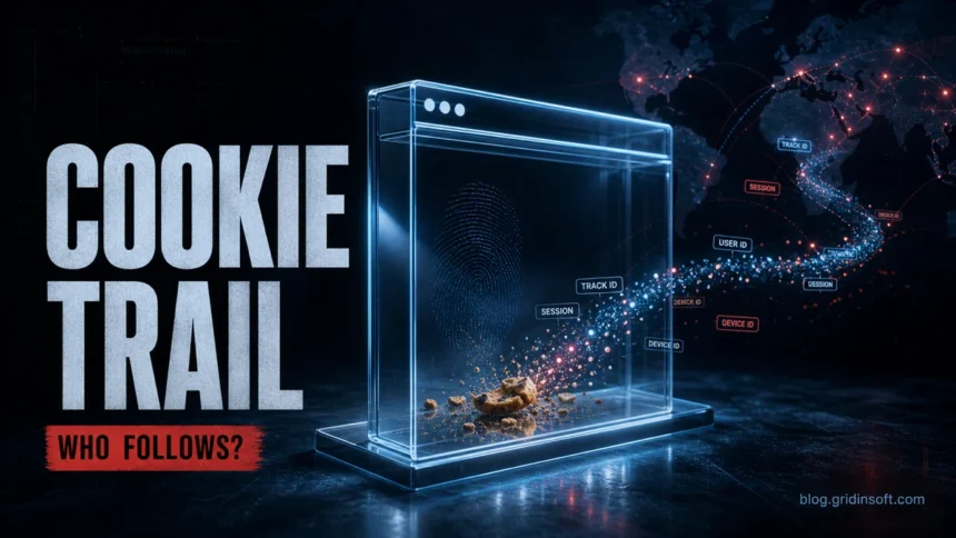 Cookie Trail poster showing browser cookies turning into tracking IDs and session data with blog.gridinsoft.com watermark.