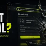Is It Real? Scam Site Check poster showing a fake checkout page hooked by a suspicious URL.