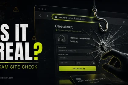Is It Real? Scam Site Check poster showing a fake checkout page hooked by a suspicious URL.