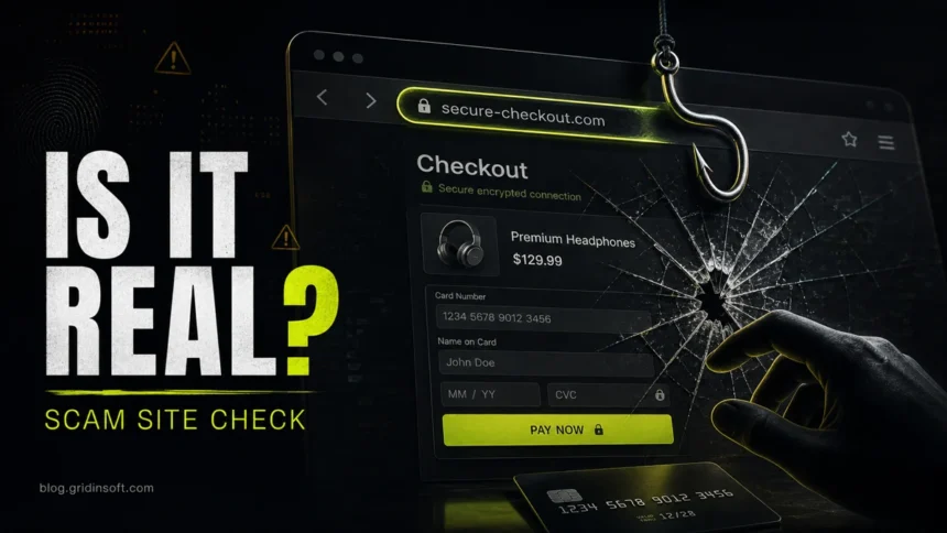Is It Real? Scam Site Check poster showing a fake checkout page hooked by a suspicious URL.