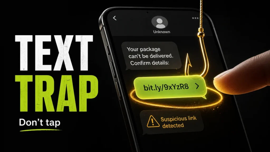 Spam text message trap with a suspicious SMS link on a smartphone.