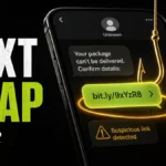 Spam text message trap with a suspicious SMS link on a smartphone.
