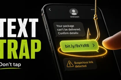Spam text message trap with a suspicious SMS link on a smartphone.