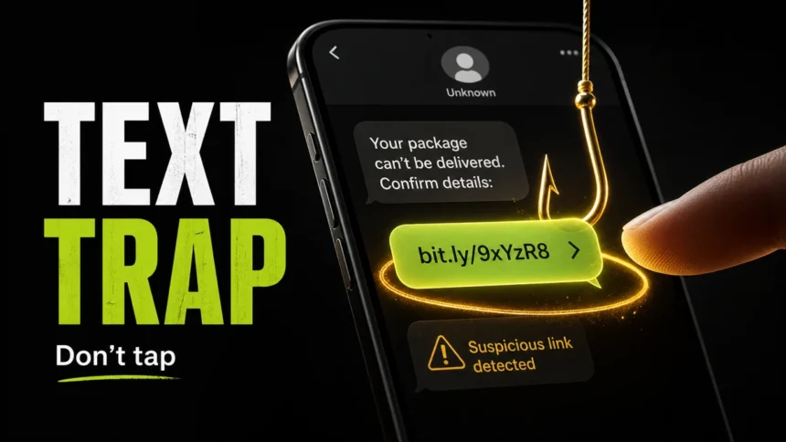 Spam text message trap with a suspicious SMS link on a smartphone.