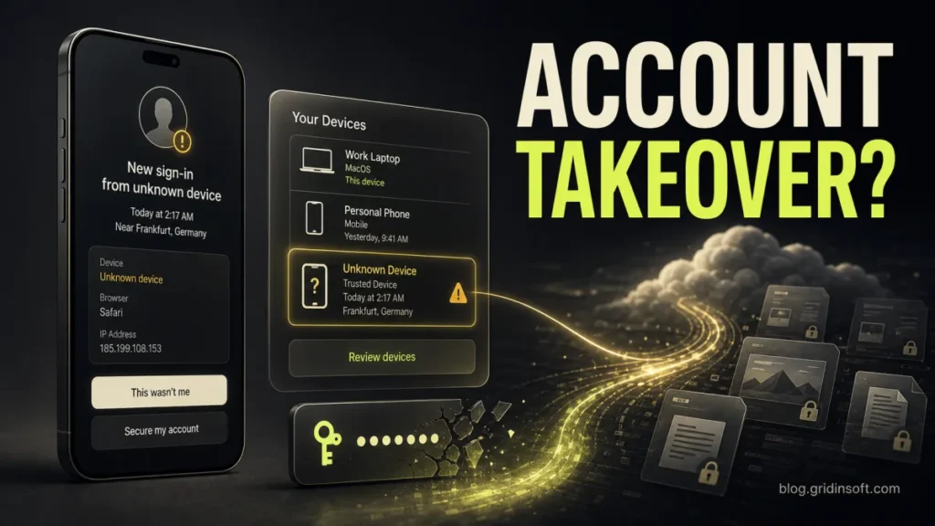 Apple Account takeover warning with unknown device sign-in and account recovery prompt.