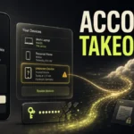 Apple Account takeover warning with unknown device sign-in and account recovery prompt.