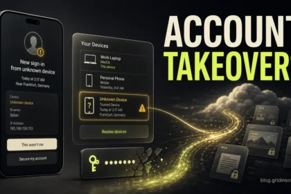 Apple Account takeover warning with unknown device sign-in and account recovery prompt.