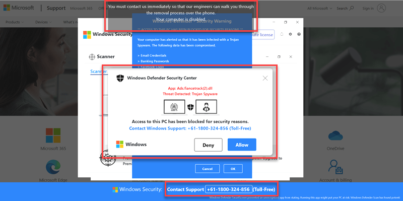 Fake Windows Defender Security Warning browser pop-up with scam red flags highlighted