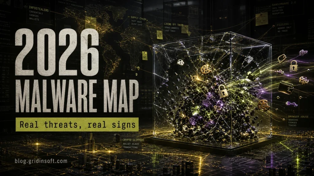2026 malware threat map showing infostealers, ransomware, ClickFix, and botnet risks.