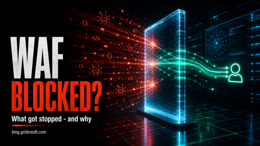 Web Application Firewall (WAF): What It Blocks and How It Works 1 WAF BLOCKED? web application firewall poster with blog.gridinsoft.com signature