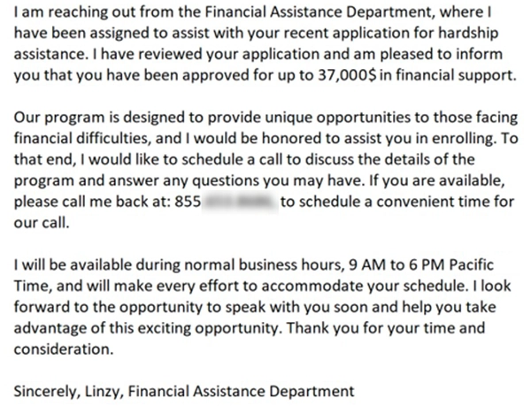 Financial Assistance Department Email Scam to call (855)-XXX-XXXX 2 Financial Assistance Department Scam Example