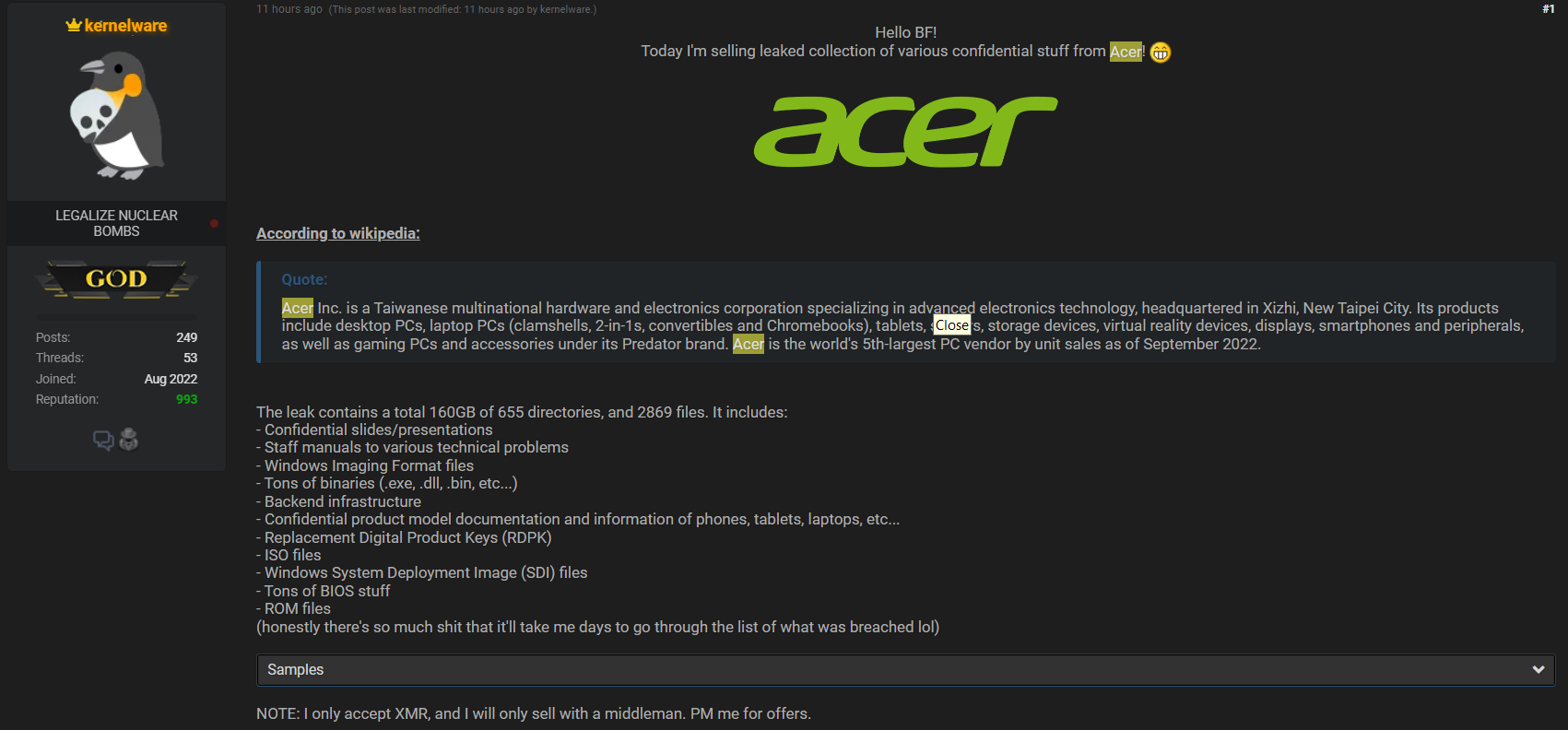 New Acer Breach Exposes 160GB of Data 2 Acer BreachForums
