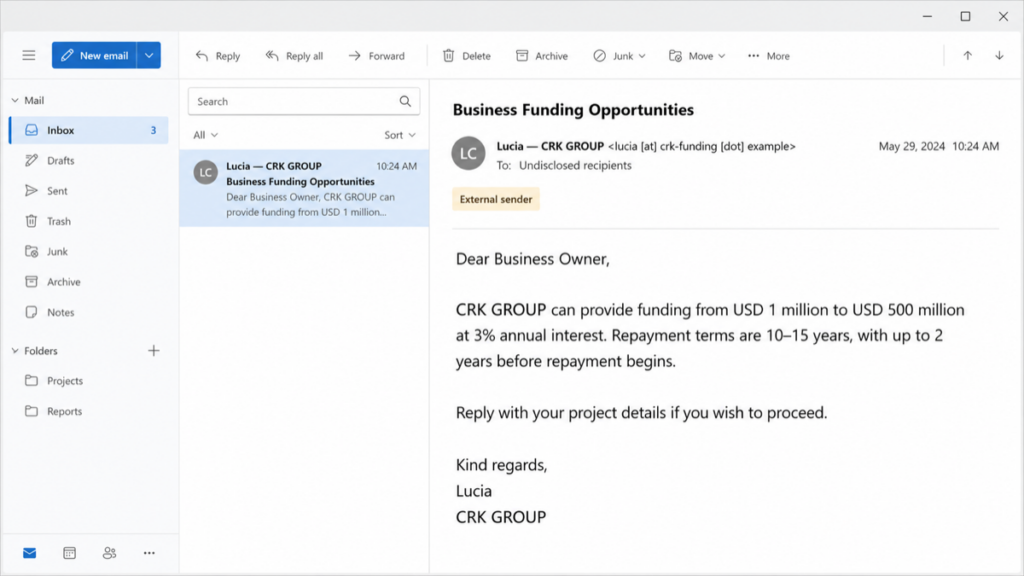 Financial Assistance Department Email Scam: Loan and Grant Lures 3 Suspicious CRK GROUP business funding email offering up to USD 500 million at 3 percent interest.
