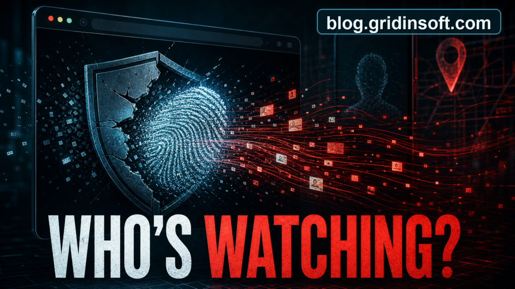 Cracked browser privacy shield with fingerprint data and blog.gridinsoft.com watermark