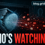 Cracked browser privacy shield with fingerprint data and blog.gridinsoft.com watermark