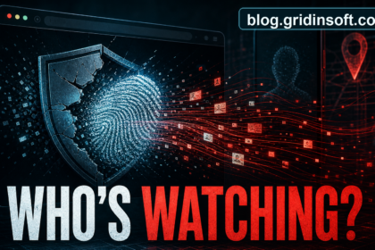 Cracked browser privacy shield with fingerprint data and blog.gridinsoft.com watermark