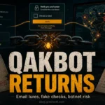 QakBot Returns poster showing email lures, fake verification checks, and botnet risk after the 2023 takedown.