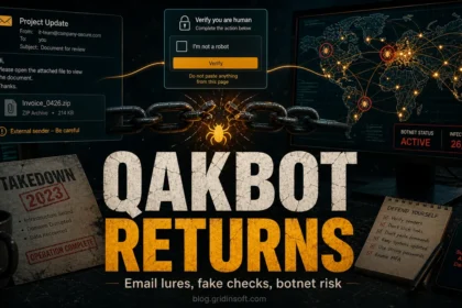 QakBot Returns poster showing email lures, fake verification checks, and botnet risk after the 2023 takedown.
