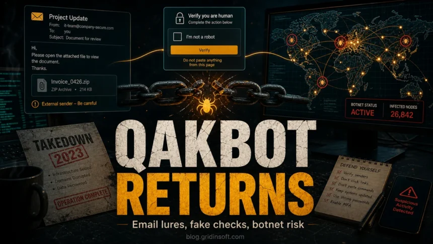 QakBot Returns poster showing email lures, fake verification checks, and botnet risk after the 2023 takedown.