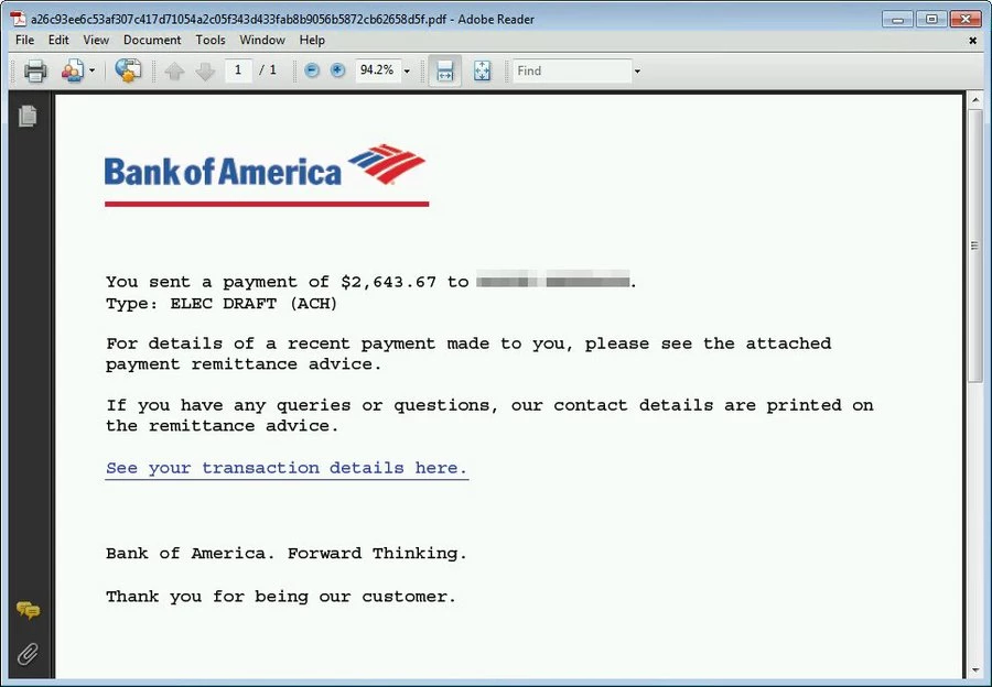Suspicious link embedded inside a PDF document.