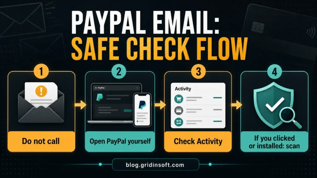 Decision flow for a PayPal unauthorized transaction email: do not call, open PayPal yourself, check Activity, scan if something was installed.