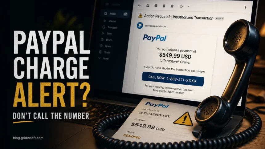 A suspicious PayPal charge alert email pushes the reader toward a fake support phone number.