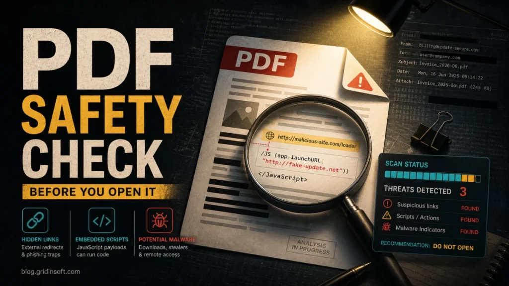 PDF safety check showing hidden links, embedded scripts, and malware indicators before opening a suspicious document.
