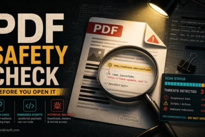 PDF safety check showing hidden links, embedded scripts, and malware indicators before opening a suspicious document.