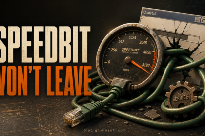 A SpeedBit speedometer tangled in a network cable beside a broken uninstall window