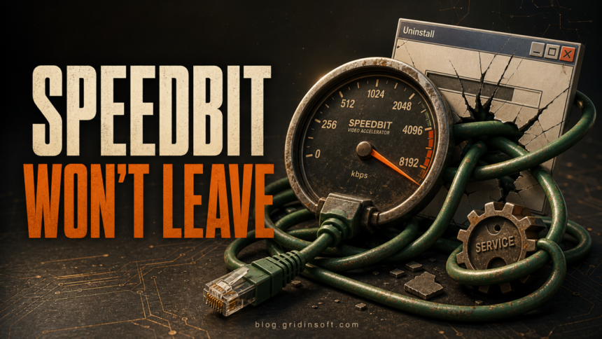 A SpeedBit speedometer tangled in a network cable beside a broken uninstall window