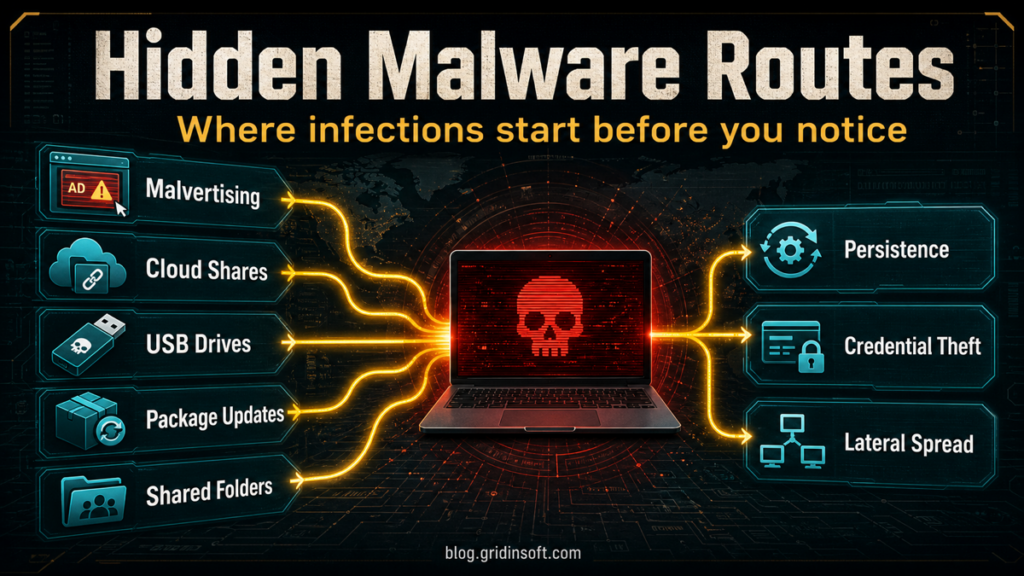 Map of hidden malware routes leading to persistence credential theft and lateral spread.