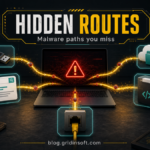 Hidden malware routes feeding into an infected laptop.
