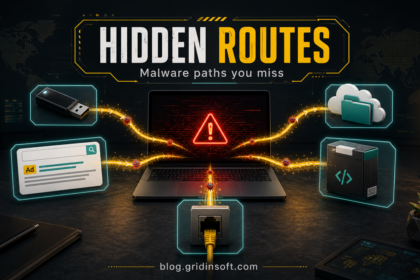 Hidden malware routes feeding into an infected laptop.