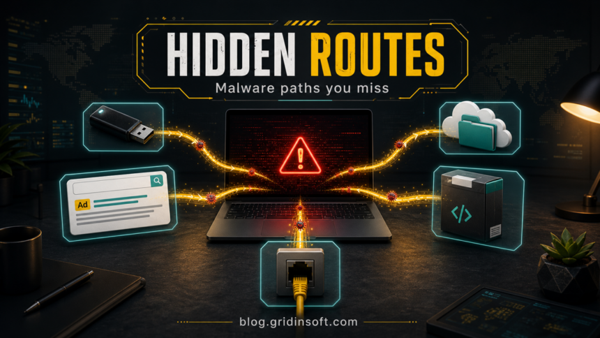 Hidden malware routes feeding into an infected laptop.